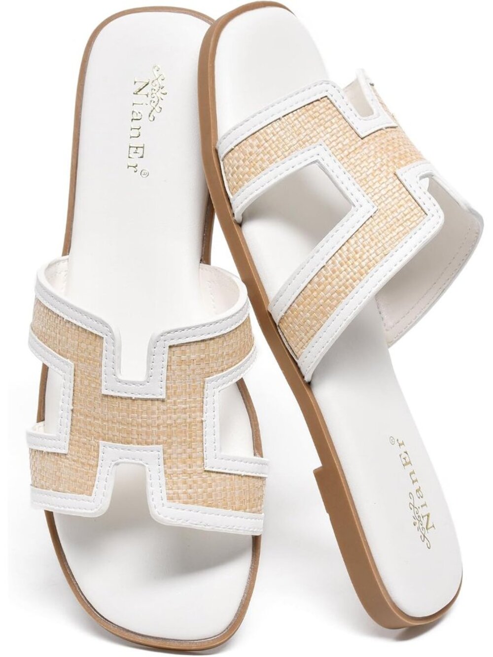 NianEr Women's White Leather Comfortable Casual Summer Flats Sandals Shoes